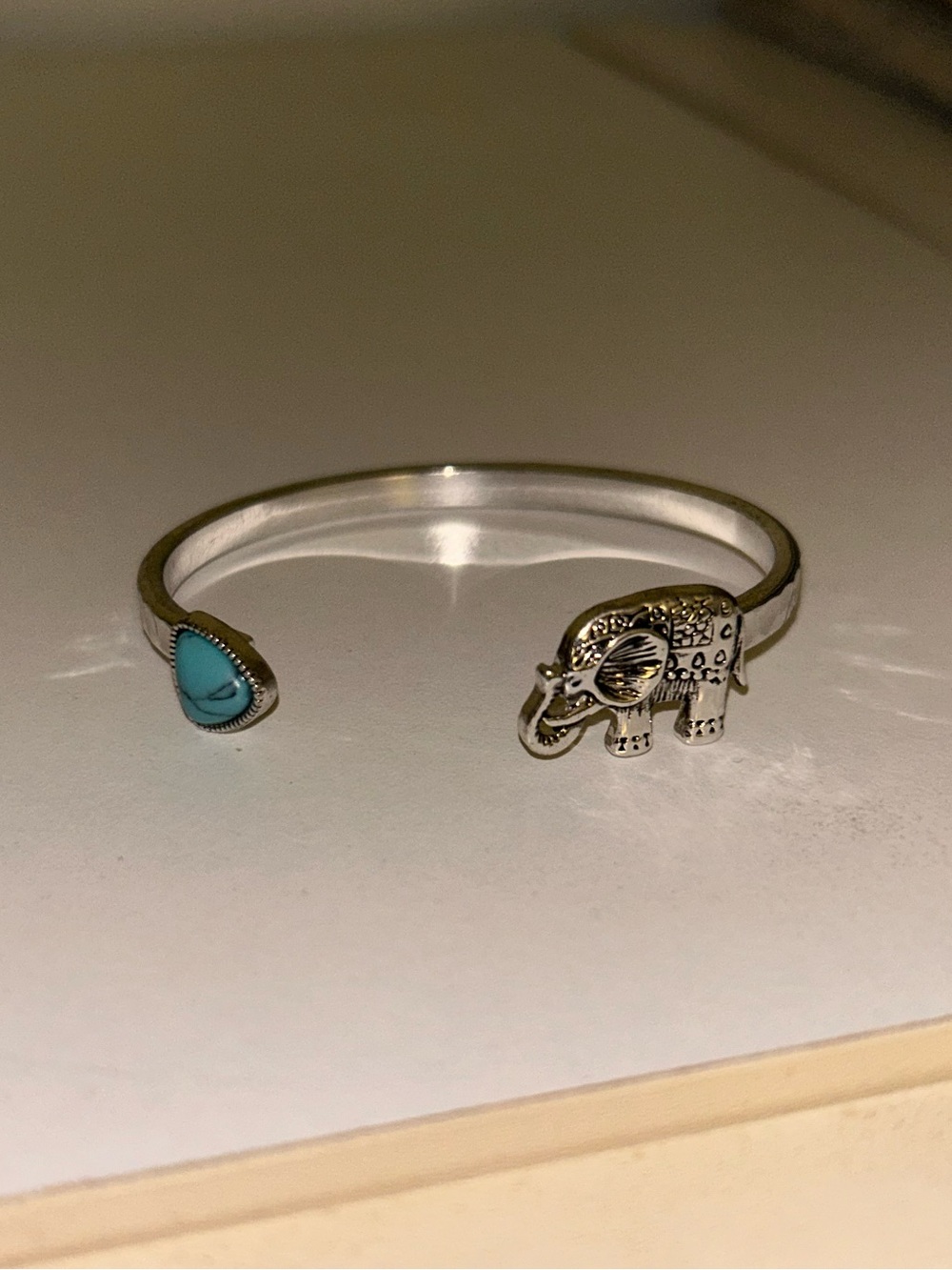 Silver Elephant & Turquoise Open Cuff Bracelet